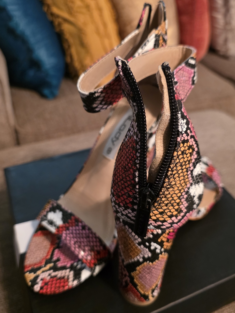 Snake-Print Ankle Strap Block Heels in Pink & Gold